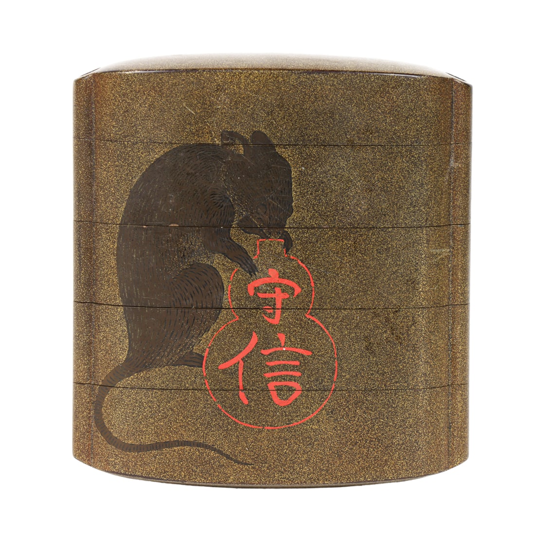A Japanese lacquered inro: A Japanese lacquered inro. Featuring rat motif, 19th century, 2.875" high.