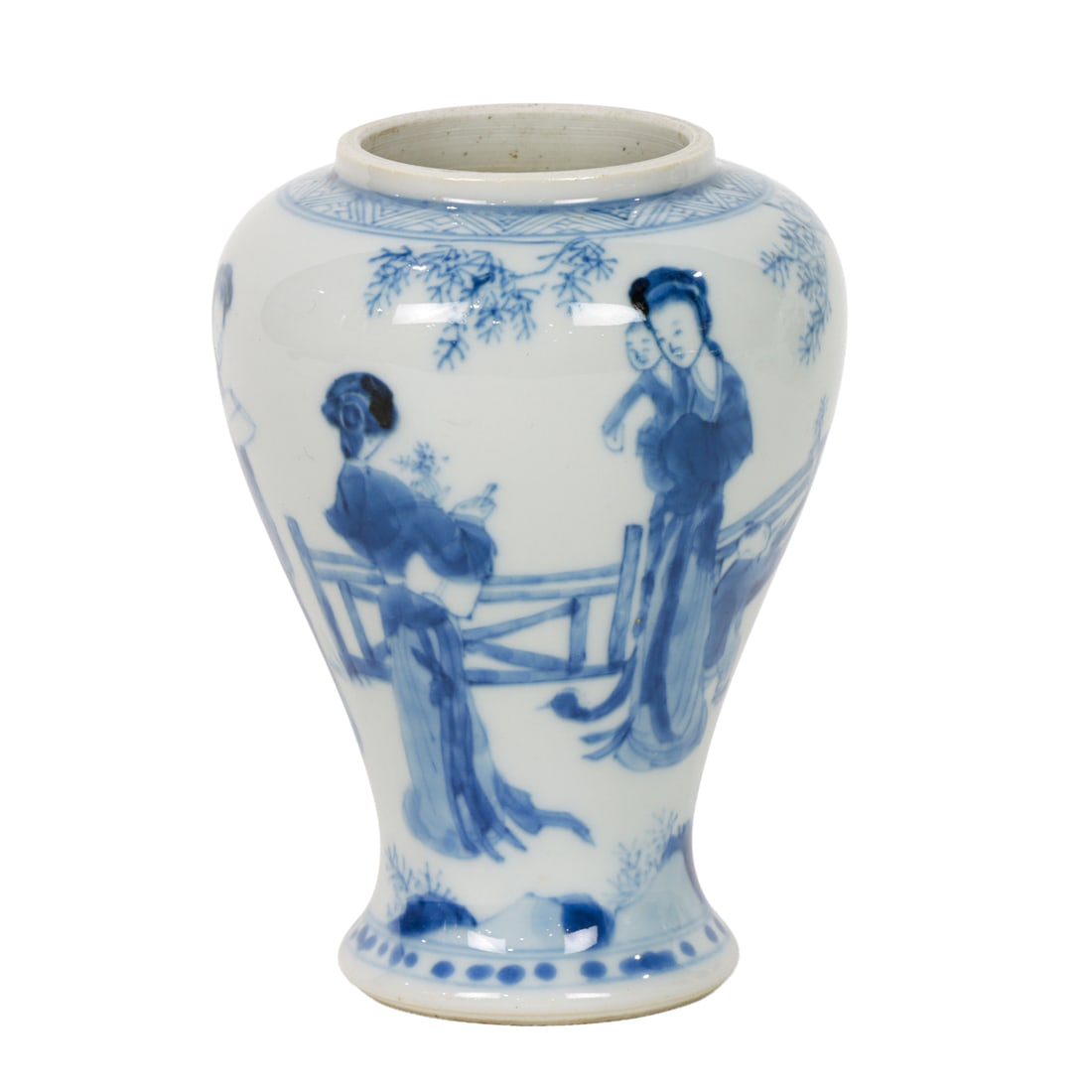 A Chinese blue and white figural vase: A Chinese blue and white figural vase. Depicting various figure playing in the garden, Kangxi period, 4.375" high.
