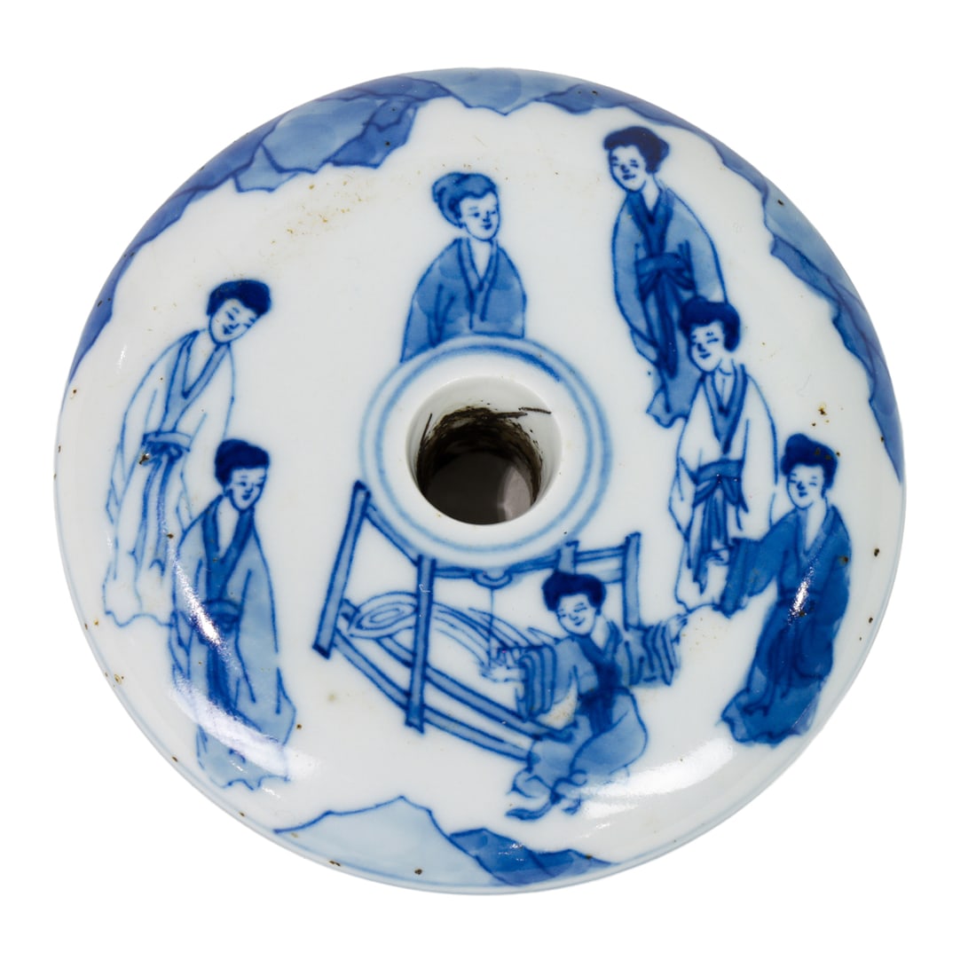 A Chinese blue and white figural paper weight: A Chinese blue and white figural paper weight. Kangxi period, 3.375" across.