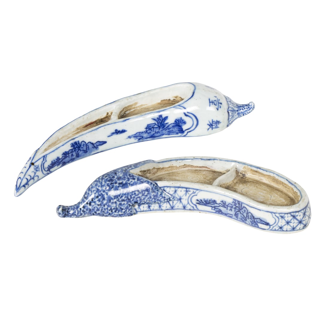 (lot of 2) Chinese blue and white eggplant form landscape ink trays: (lot of 2) Chinese blue and white eggplant form landscape ink trays. One with 'Yayu Tangzhi' four-character mark, mid-Qing period, from 6.25" to 7" across.