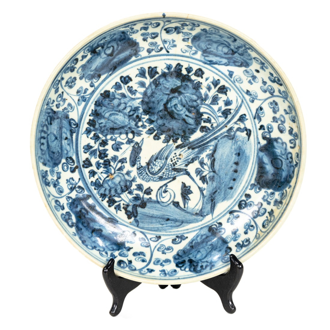A Chinese export blue and white 'phoenix and peony' dish (1 of 3)