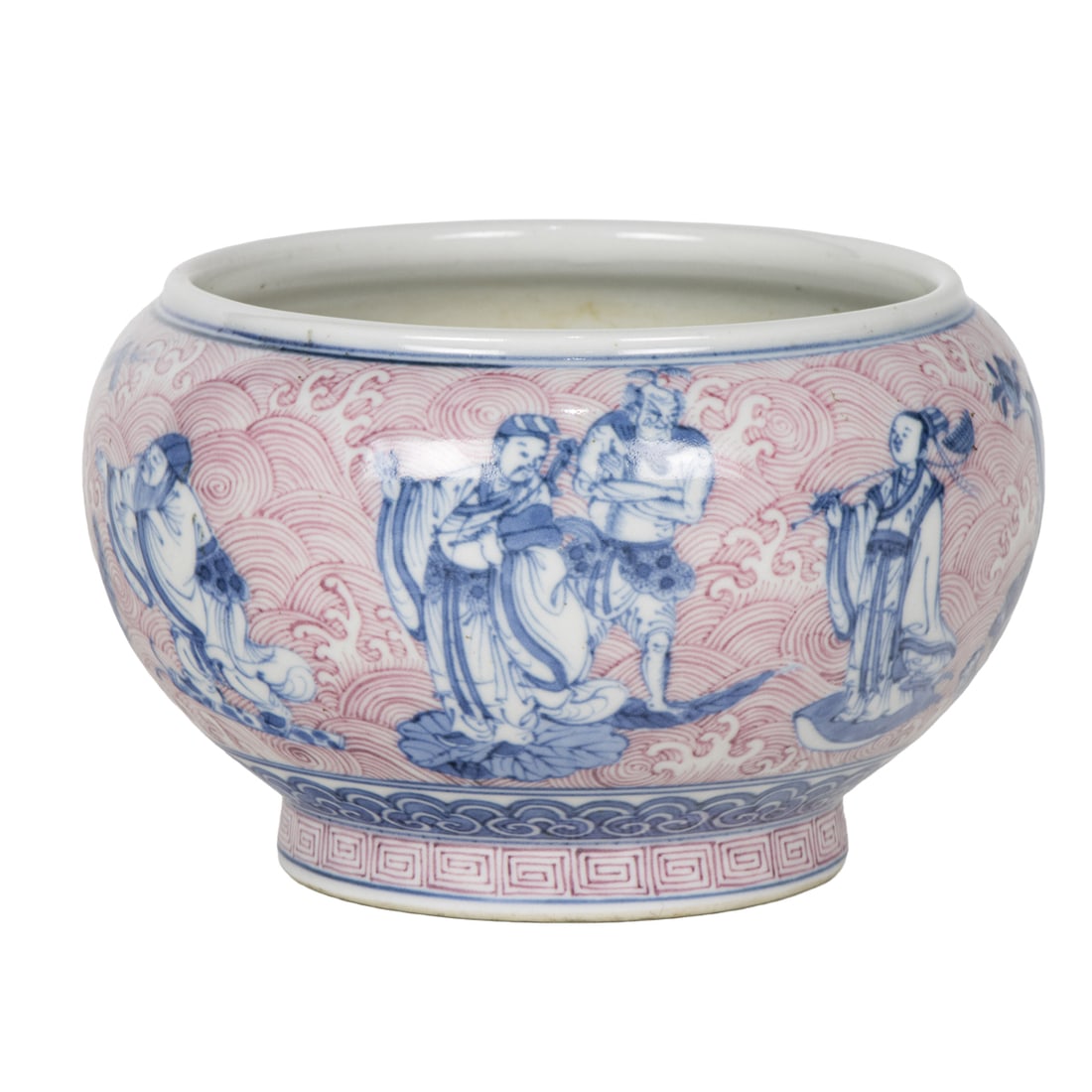 A blue and white and copper red 'immortals' bowl by Miura Chikusen (1854-1915): A blue and white and copper red 'immortals' bowl by Miura Chikusen (1854-1915). Depicting Daoist immortals amidst stylized waves and cloud scrolls, bearing artist's six character mark, 3.25" high.