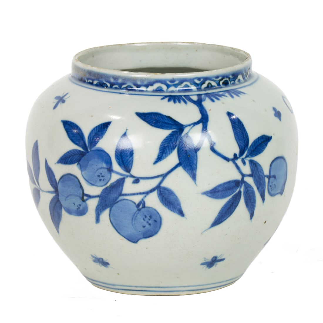 A Chinese blue and white 'peach' jar: A Chinese blue and white 'peach' jar. Bearing 'Fushou Kangning' four-character mark, late Ming dynasty, 4.25" high.