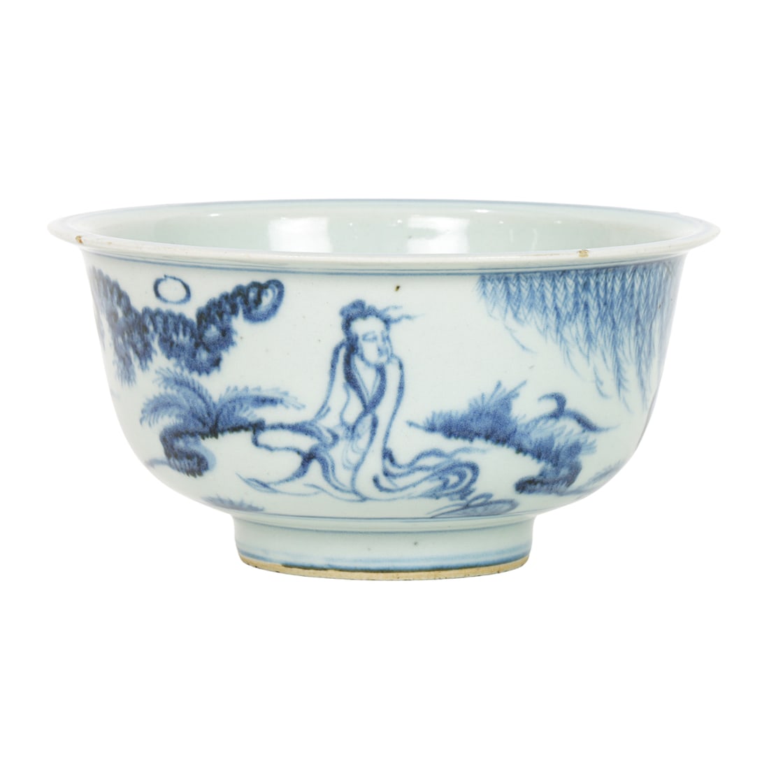 A Chinese blue and white bowl: A Chinese blue and white bowl. Depicting figures in garden setting, Tianqi four-character mark, late Ming dynasty, 6.25" across.