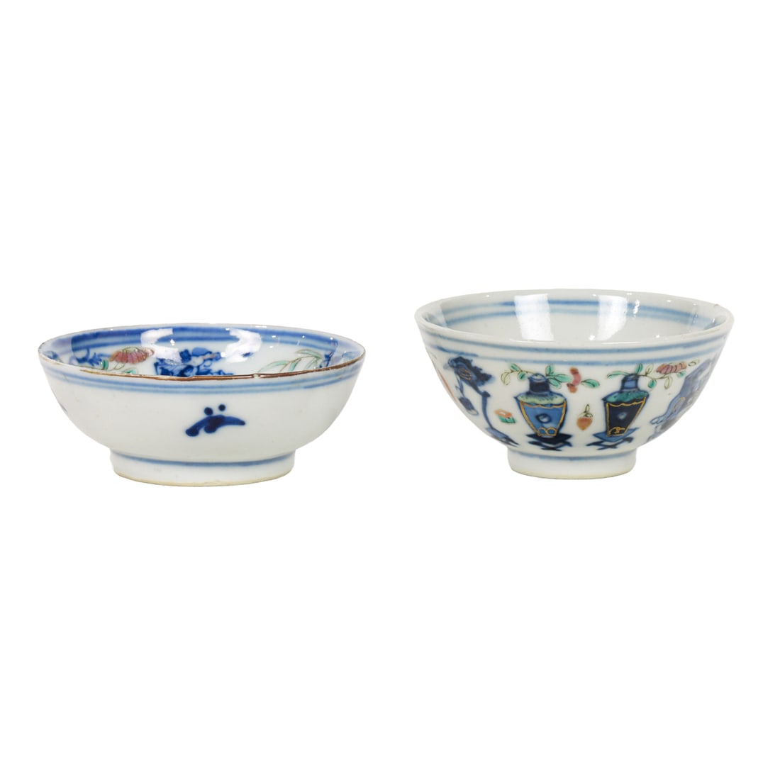 (lot of 2) Chinese doucai enameled wine cup and saucer: (lot of 2) Chinese doucai enameled wine cup and saucer. Depicting hundred antiques, bearing Guangxu six-character marks and of the period, 2.625" across.