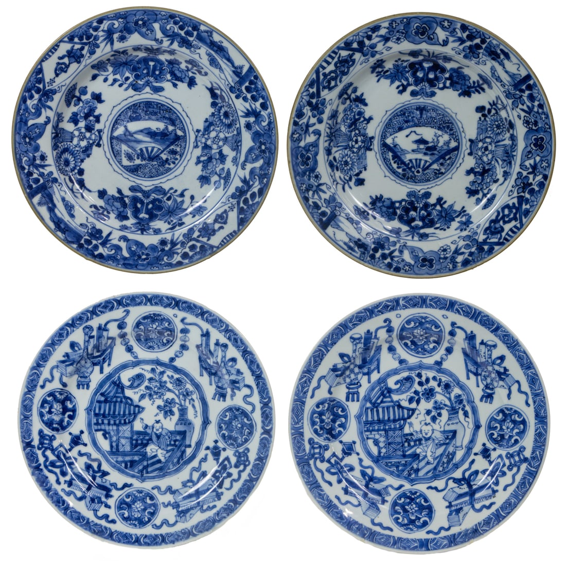 (lot of 4) Chinese export blue and white dishes: (lot of 4) Chinese export blue and white dishes. With a central medallion depicting a figure in the garden setting, encircled by hundred antiques, Kangxi period, 8.875" across.
