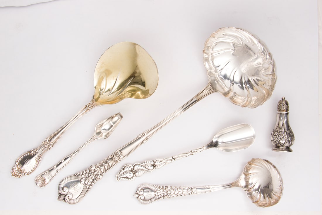 Seven Tiffany Sterling Serving Pieces: Seven Tiffany Sterling Serving Pieces including Richelieu, Florentine, Ailanthus and Wave Edge Patterns. Comprising, in the Florentine pattern, (1) ladle, monogrammed 'RD', 12.75"; (1) ladle,