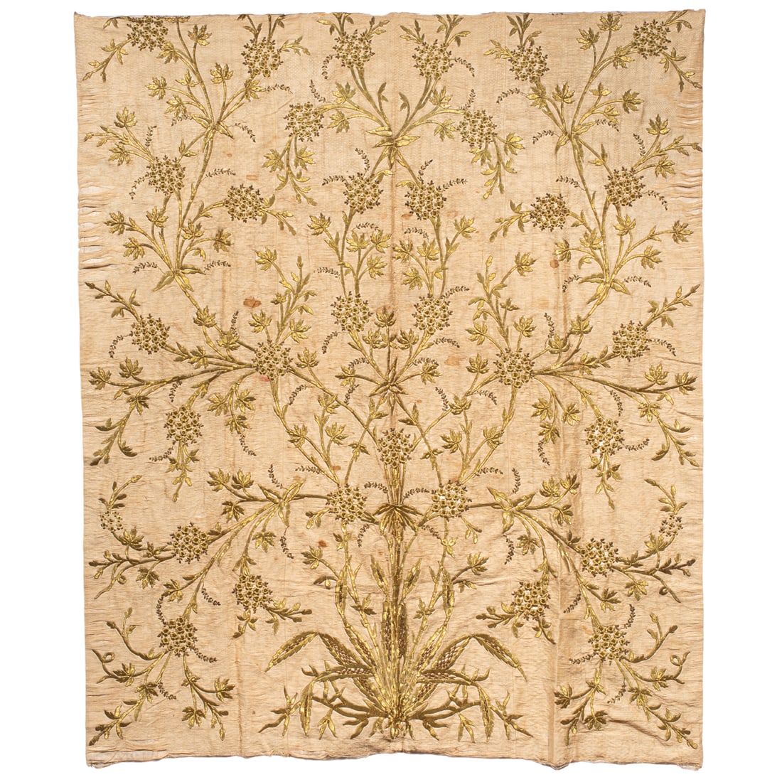 A metallic thread embroidered panel: A metallic thread embroidered panel, woven in a botanical pattern of a blossoming tree, approximately 67" x 59." Provenance: The Collection of Adolphus Andrews Jr. and Emily Taylor Andrews, San