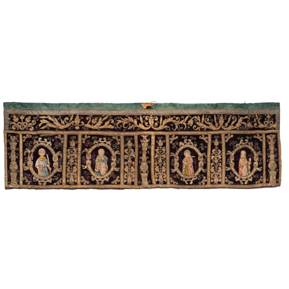 A Continental metallic thread and silk embroidered altar frontal or antependium: A Continental metallic thread and silk embroidered altar frontal or antependium, 17th/18th century, likely depicting the four apostles, each within architectural niches on purple velvet ground, 25"h x