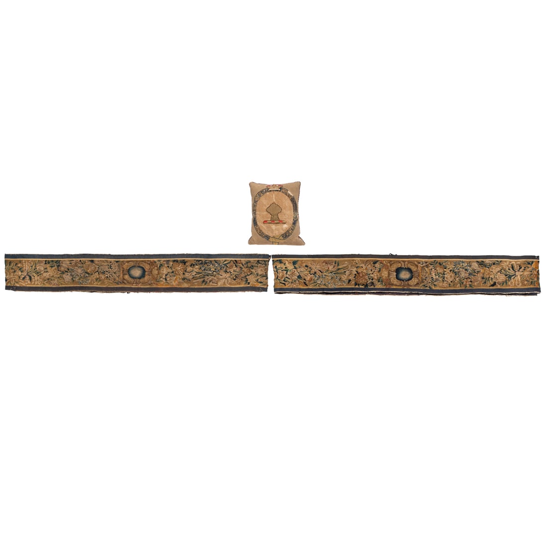 Two European textiles, including Baroque tapestry fragments and embroidered coat of arms: A group of European textiles, late 17th/early 18th century and 19th century, the first English embroidered needlepoint cushion with arms of Marquesses of Westminster, approximately 17"h x 14"w and a