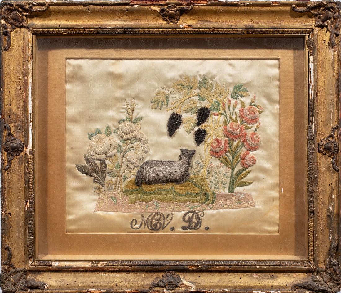 A Regency metallic thread embroidered, chenille and beaded silk picture (1 of 3)