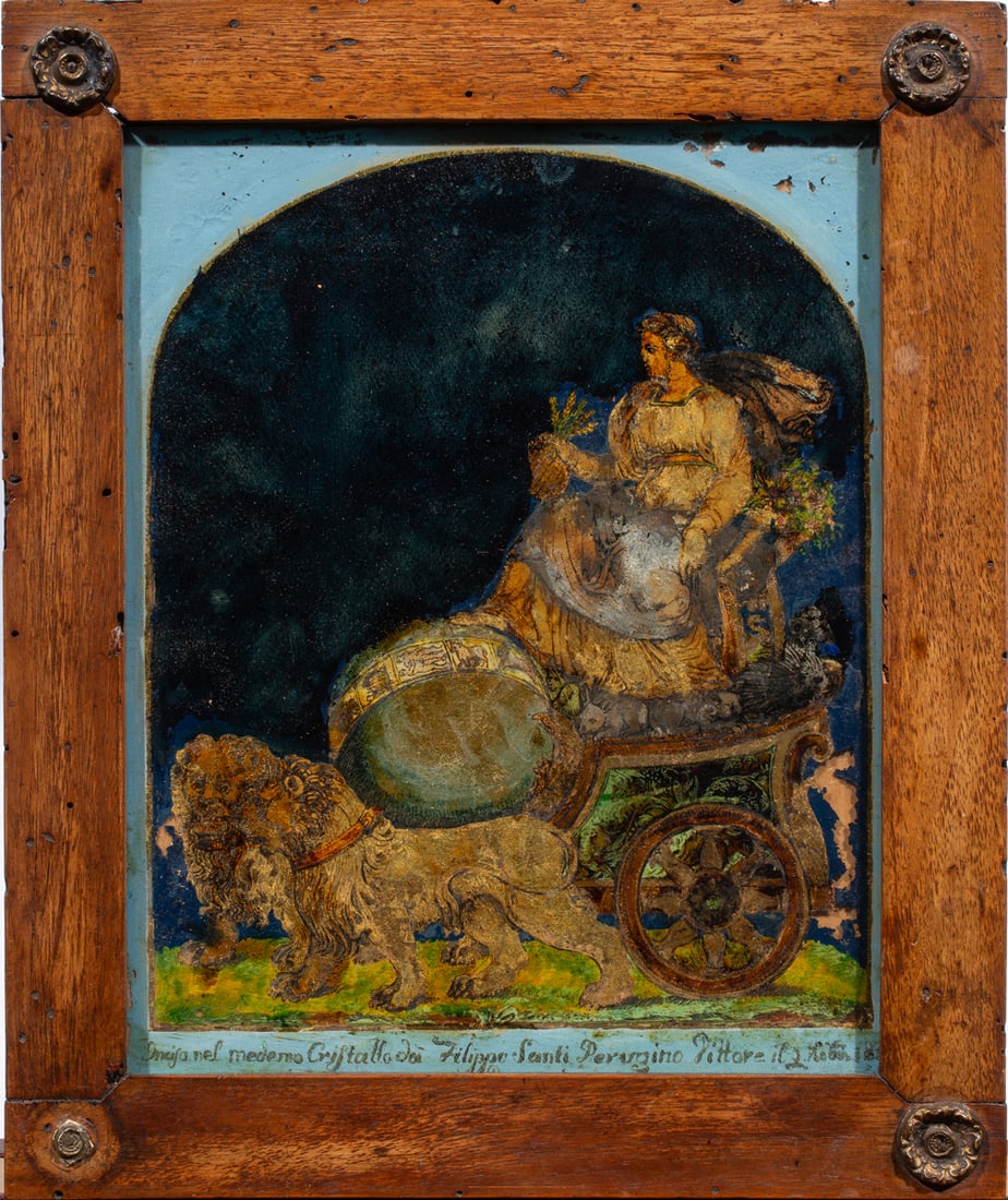 An Italian pittura sotto vetro (reverse painted and engraved glass) picture of the goddess Cybele (1 of 5)