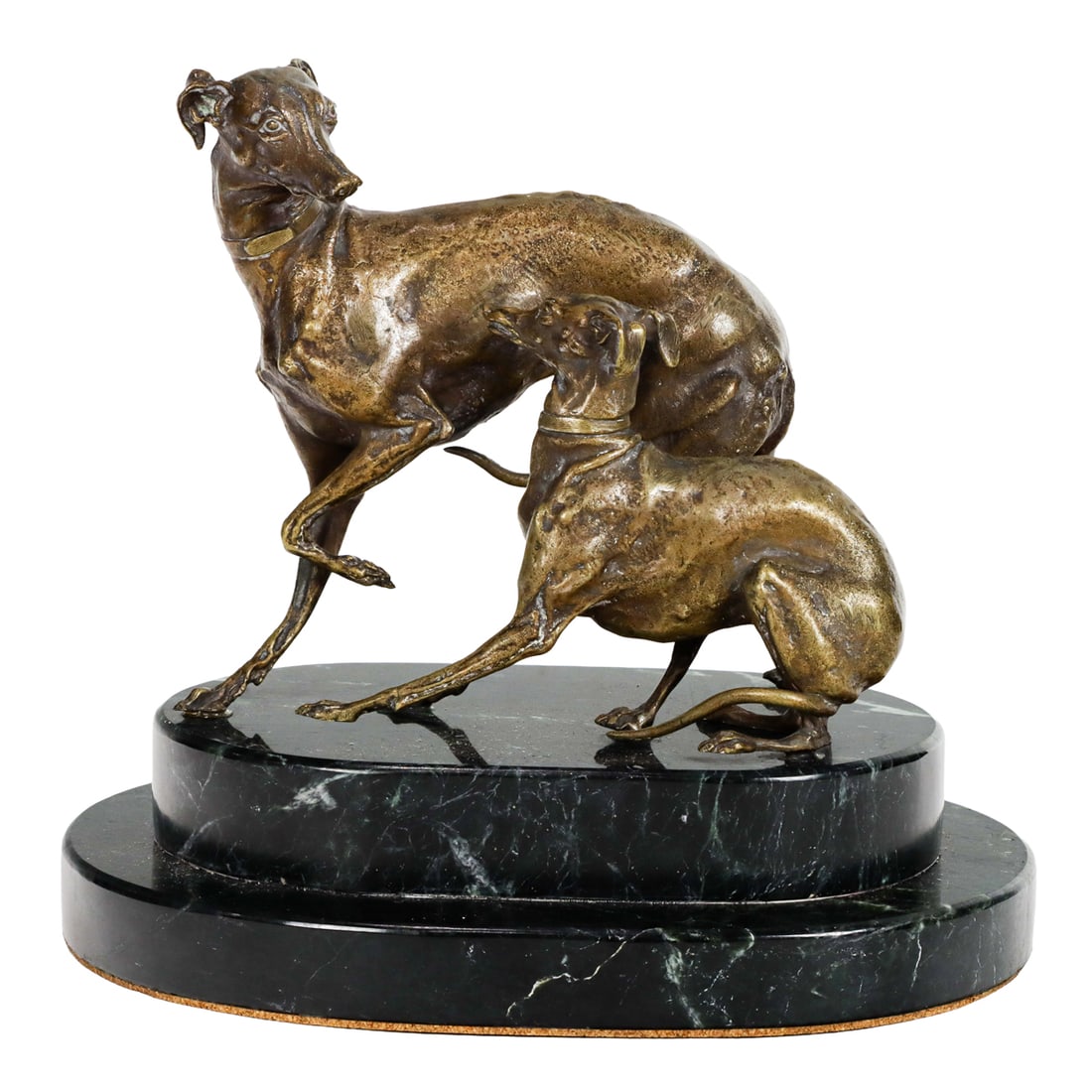 A Continental patinated bronze animalier group of two whippets: A Continental patinated bronze animalier group of two whippets after a model by Pierre-Jules Mene, unmarked, raised on stepped marble plinth, 7.5"h x 8"l. Provenance: The Collection of Adolphus Andrew