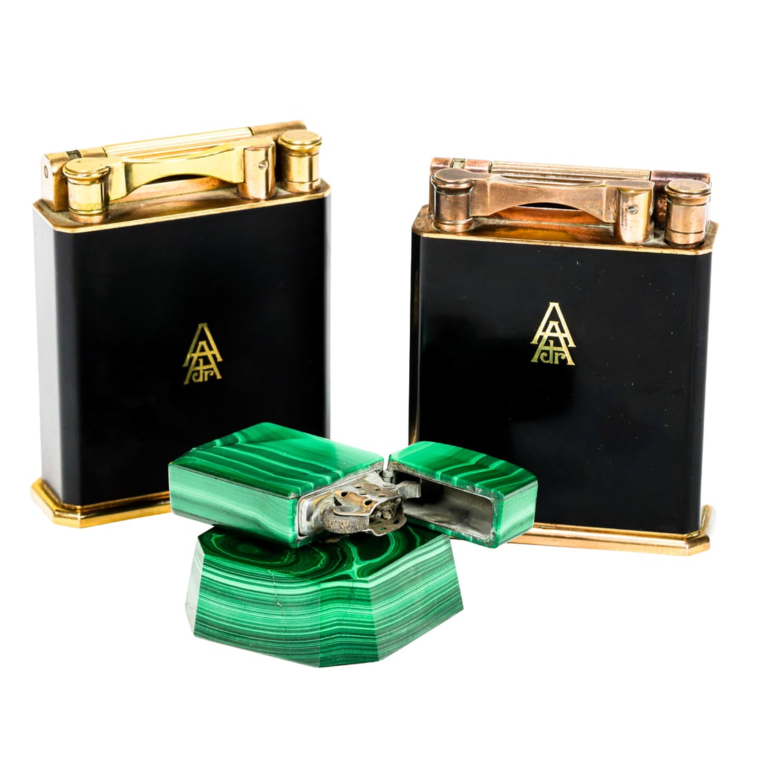 A pair of S.T. Dupont, Paris 'Jeroboam' table lighters in Chinese black lacquer: A pair of S.T. Dupont, Paris 'Jeroboam' table lighters in Chinese black lacquer (Laque de Chine), 'AA Jr.' monogram, red Chinese character seal to side, 4"h; together with malachite table lighter and