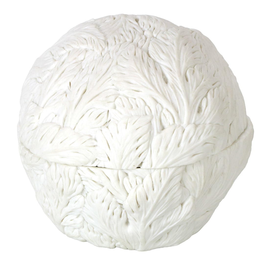 A Hitomi Hosono (Japanese b: A Hitomi Hosono (Japanese b. 1978) bisque porcelain miniature box, 2015, likely 'Wisteria' model, the whole molded with overlapping leaf fronds, the interior gilt, incised signature and date, 3"h.