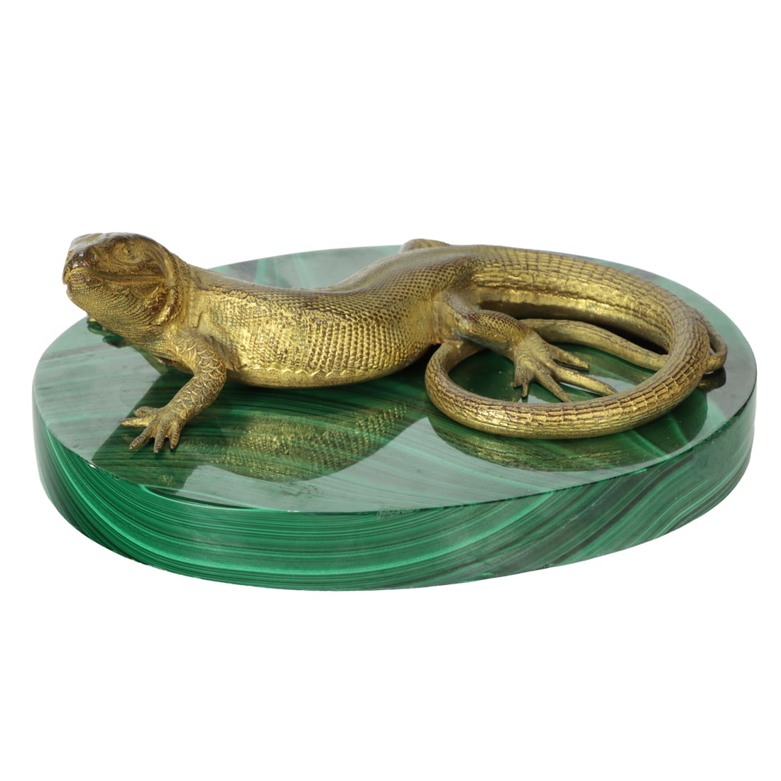 A Continental gilt bronze animalier study of a lizard on associated malachite veneered plinth: A Continental gilt bronze animalier study of a lizard on associated malachite veneered plinth, bronze 6"l; plinth 6.25"l. Provenance: The Collection of Adolphus Andrews Jr. and Emily Taylor Andrews,
