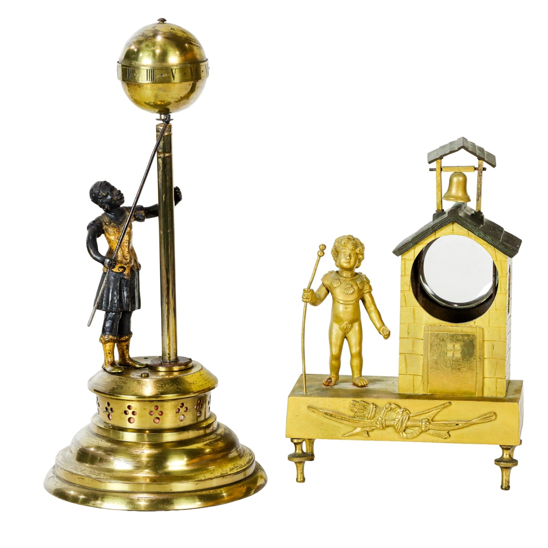 Two Continental table clocks, 19th century: Two Continental table clocks, 19th century, the first a patinated metal and brass automaton clock, after a German 15th-century model, depicting a figure standing by a pole supporting a rotating globe