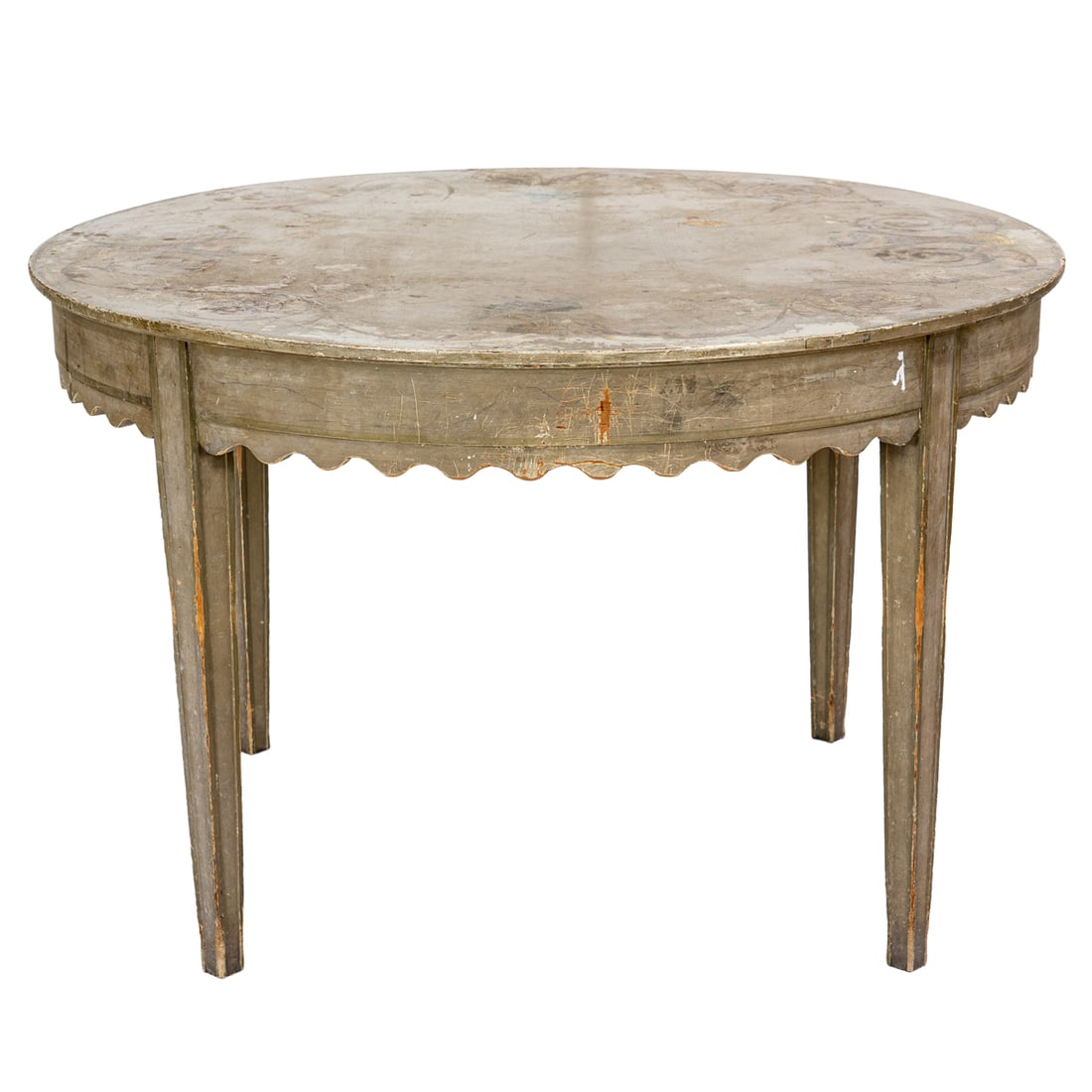 A Florentine paint decorated table circa 1850: A Florentine paint decorated table circa 1850, the top with a floral and vine border above the scallop apron, and rising on square, tapered legs, 30"h x 48"w. Provenance: The Collection of Adolphus