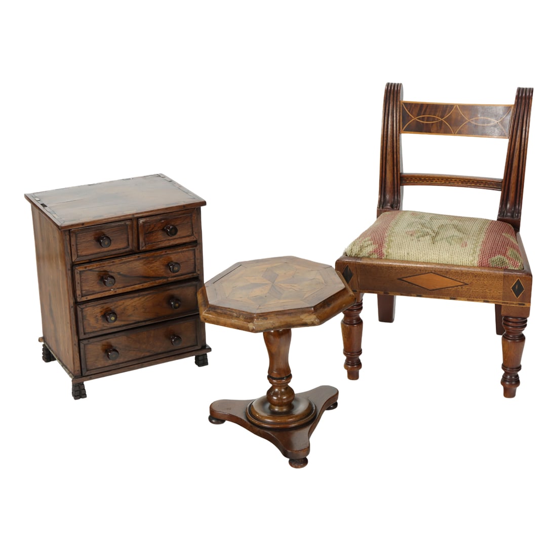 A group of three marquetry inlaid miniature furniture pieces (1 of 6)
