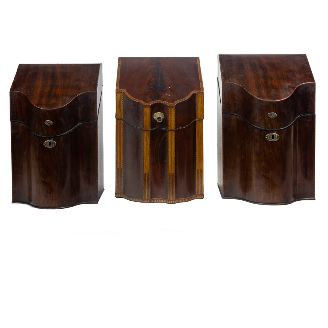Three George III inlaid mahogany knife boxes, late 18th/early 19th century (1 of 7)