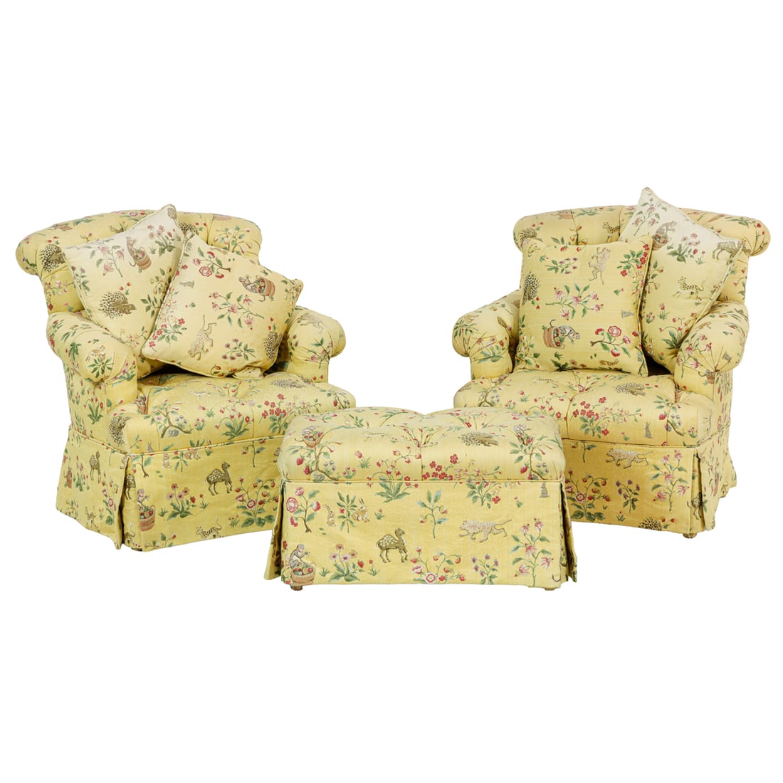 A pair of custom tufted lounge chairs upholstered in Travers & Co 'Cluny Lampas Brocade' (1 of 5)