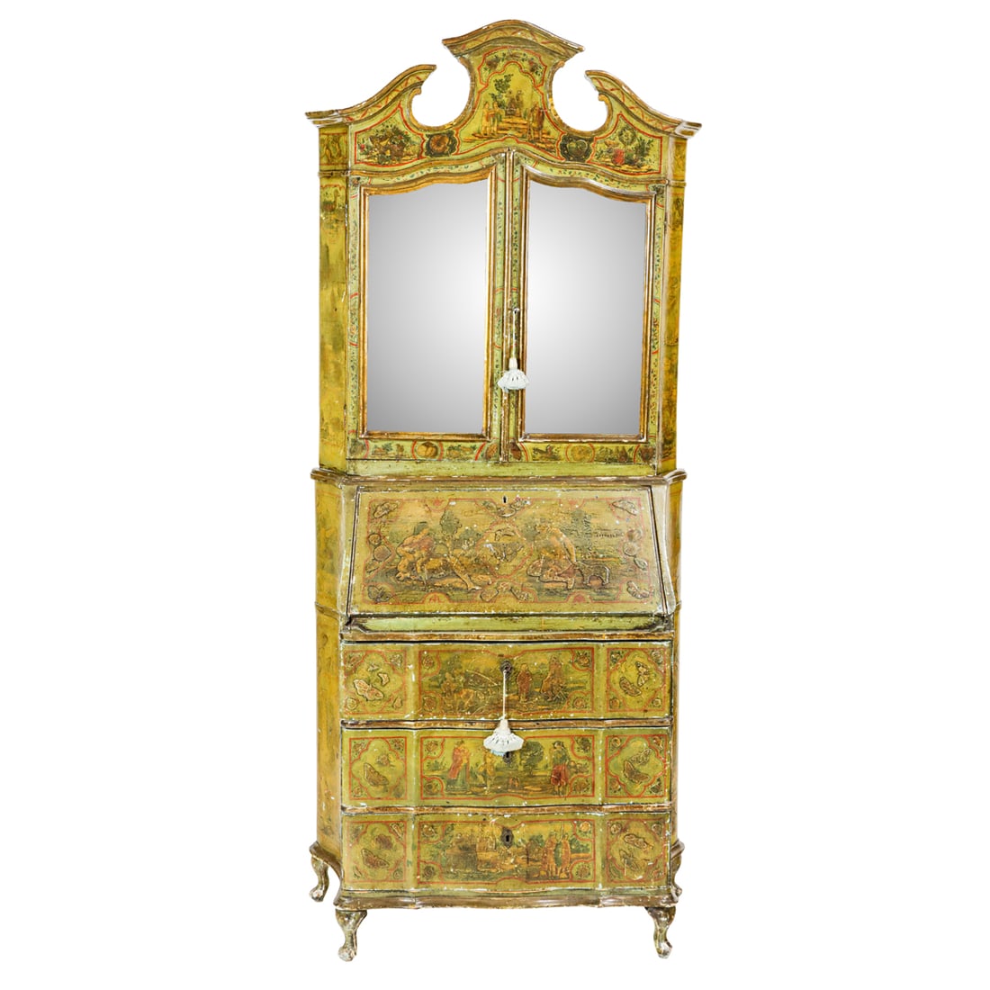 A Venetian paint decorated secretary 18th century and later: A Venetian paint decorated secretary 18th century and later, the polychrome case extensively decorated with scenic reserves, including putto, biblical interpretations, flora and fauna, the upper case