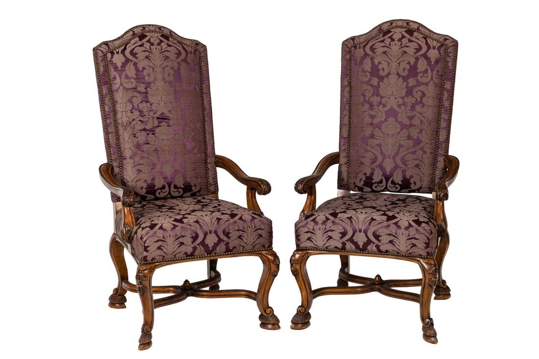 A pair of upholstered walnut high back hall chairs (1 of 4)