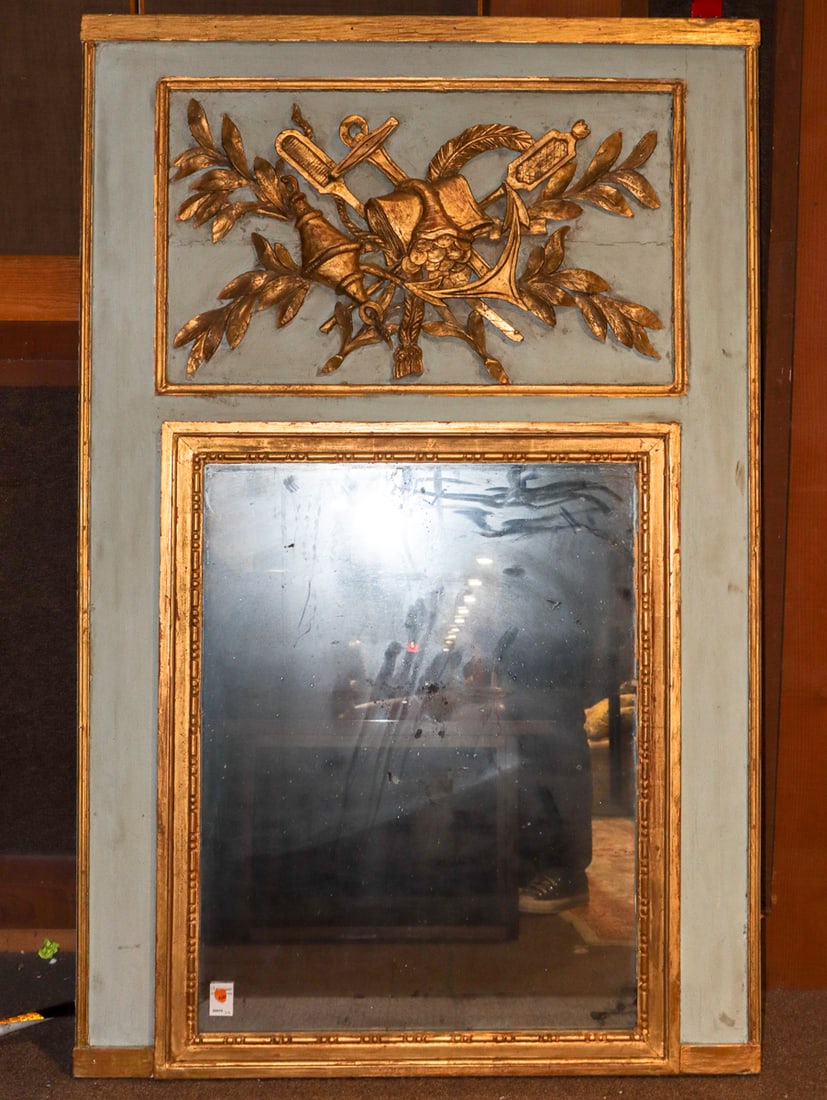 A French Neoclassical polychrome and giltwood carved trumeau mirror (1 of 4)