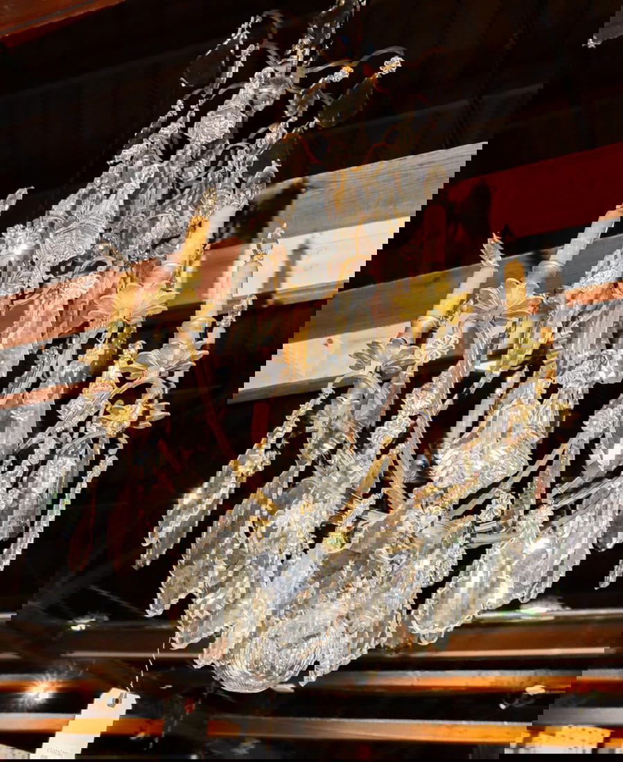 A Rococo style patinated bronze and cut glass chandelier (1 of 4)