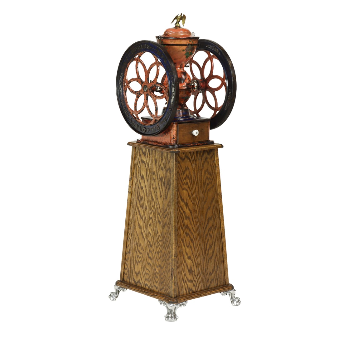 An American iron coffee grinder on oak pedestal base (1 of 7)