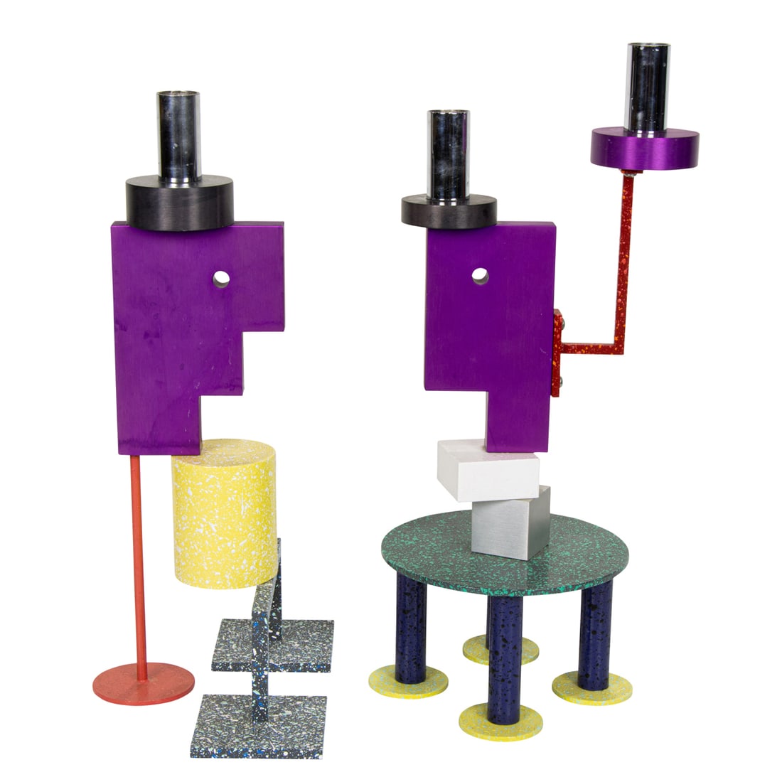 A pair of Peter Shire anodized aluminum and enameled steel 'Fosdick' series candlesticks (1 of 4)