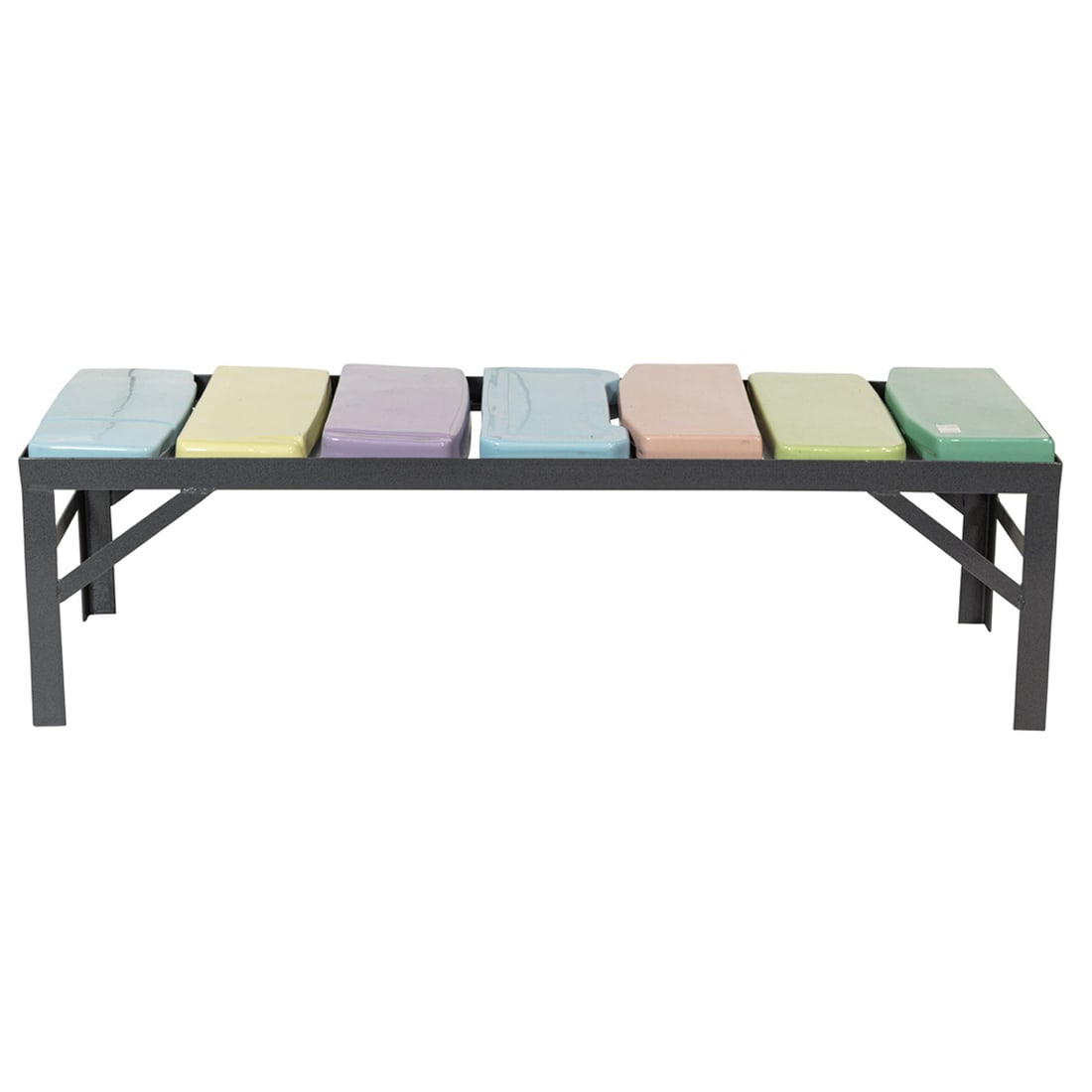 A Jim Drain 'Toilet Top' bench, raised on a powder coated iron base: A Jim Drain 'Toilet Top' bench, raised on a powder coated iron base, 18.5"h x 62"w x 21.5"d