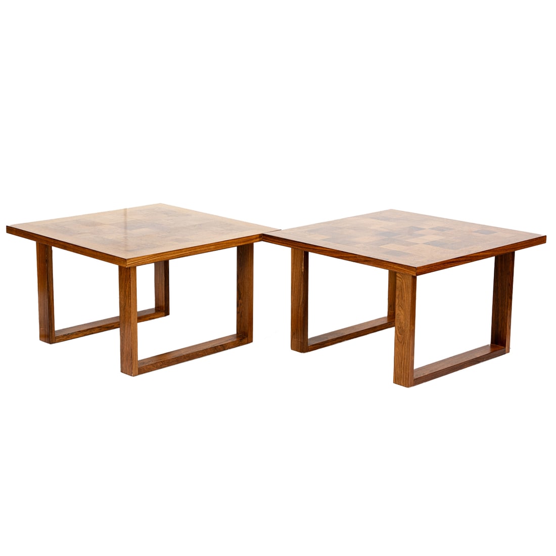 A pair of Danish Moder Poul Cadovius for Cado checkerboard side tables: A pair of Poul Cadovius for Cado, Denmark checkerboard low tables, , applied factory metal label numbered '7400767' and 7400623', 19.75"h x 31.5"w x 31.5"d
