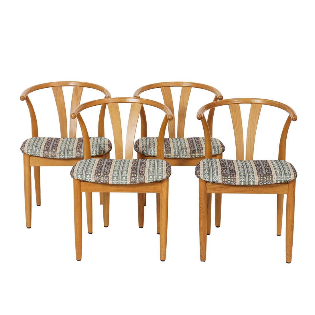 A set of four Danish Modern wishbone style chairs: A set of four Danish Modern wishbone style chairs, Aars Stolefabrik, each with upholstered seat, branded factory mark, 30.5"h x 20"w x 22"d