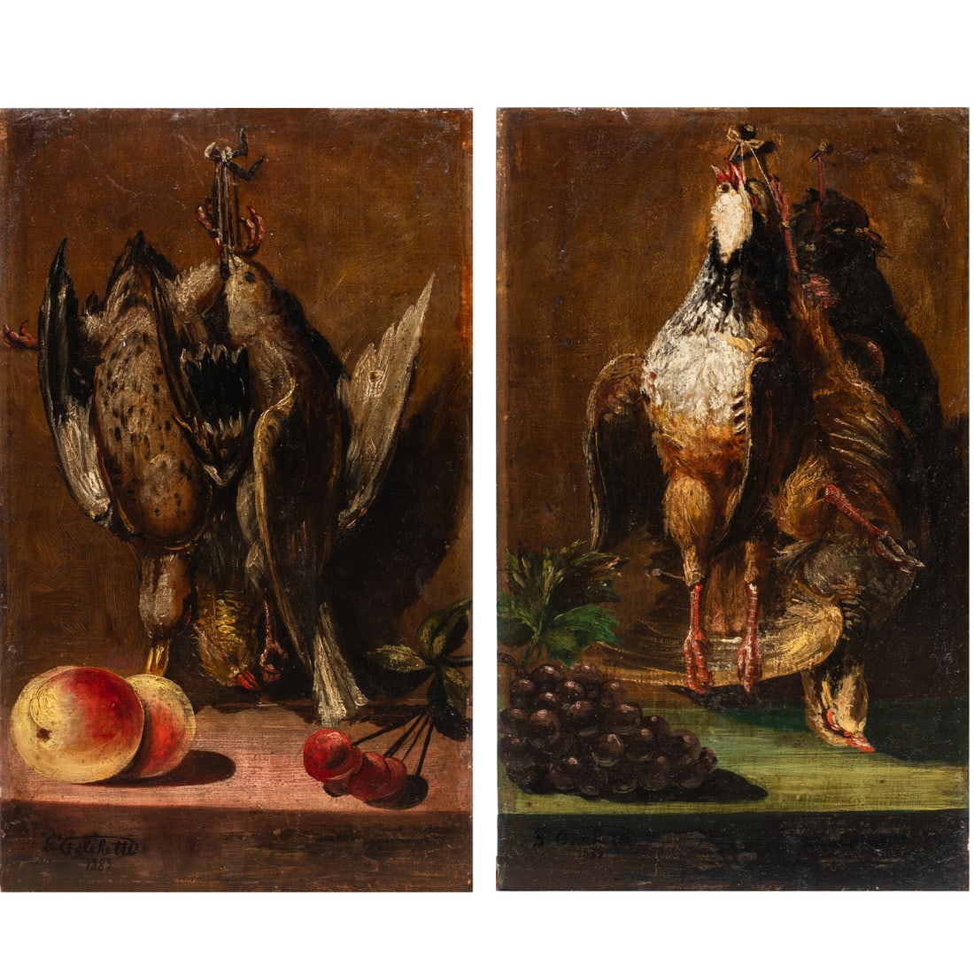 Paintings, Giuseppe Falchetti: (lot of 2) Giuseppe Falchetti (Italian, 1843-1918), Natura Morte, 1889, oils on board, each signed and dated lower left, board (unframed, for each): 17.75"h x 10"w