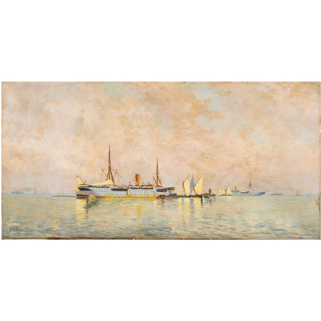 Painting, Edoardo de Martino: Edoardo de Martino (Italian, 1838-1912), Untitled (Transatlantic Ship), oil on canvas, signed lower left, canvas (unframed): 20"h x 39"w