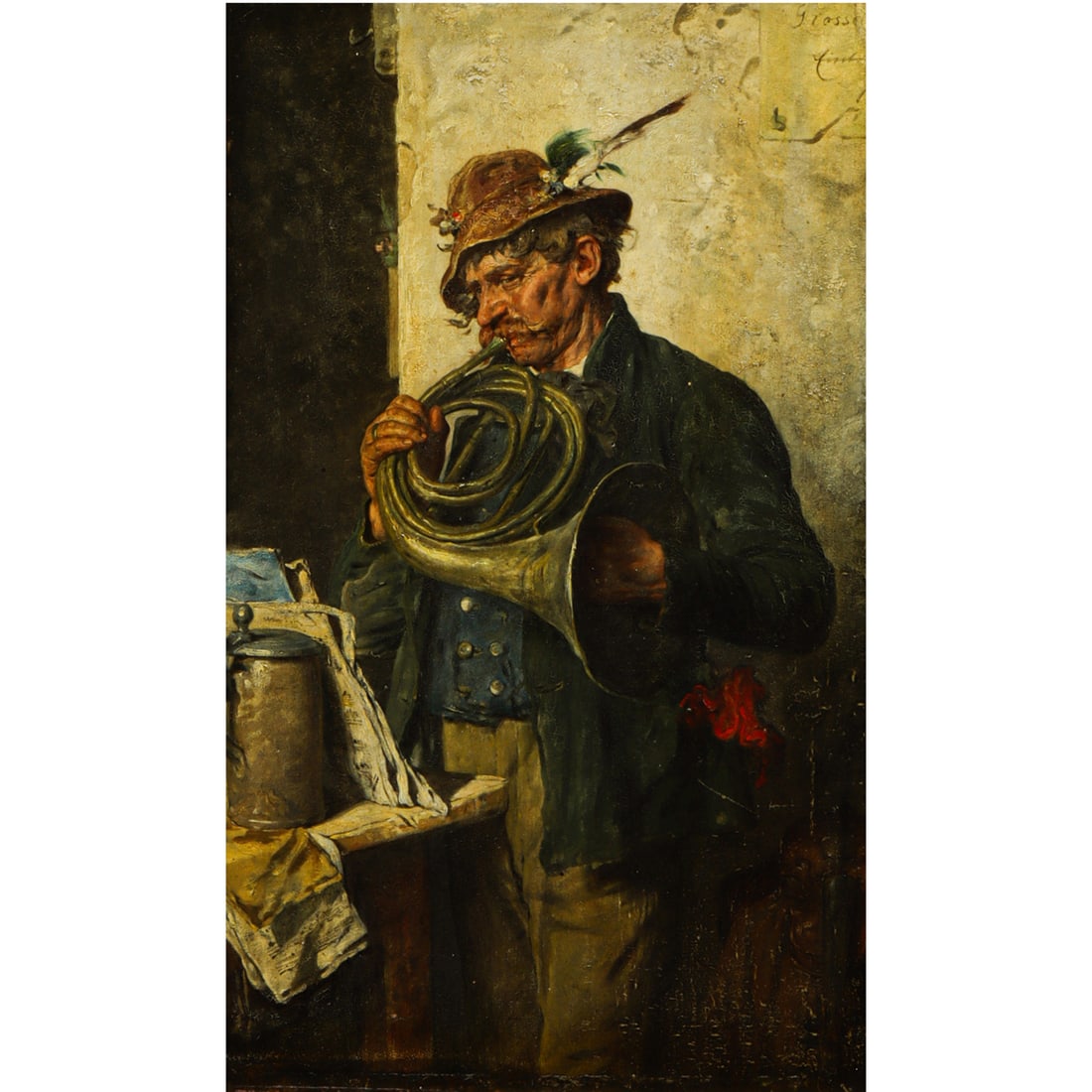 Painting, Hugo Kotschenreiter: Hugo Kotschenreiter (German 1854-1908), "The Bugler," oil on board, signed upper right, board: 15"h x 9"w, overall (with frame): 23.5"h x 17.5"w