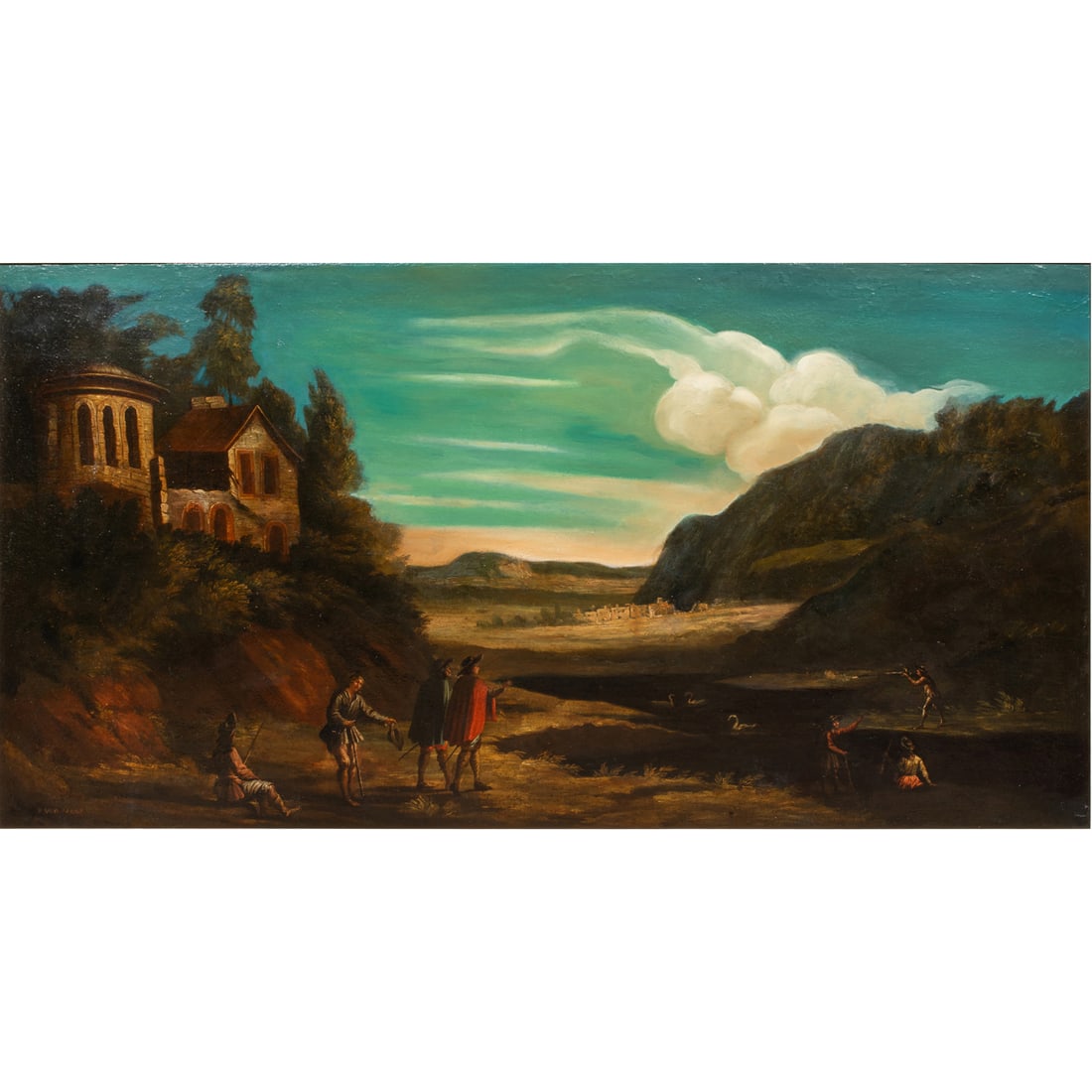 Painting, European School (19th century): European School (17th/18th century), Untitled (Landscape with Figures), oil on canvas, signed "P. Van Meer" lower left, canvas: 39.5"h x 74"w, overall (with frame): 46.5"h x 80.5"w