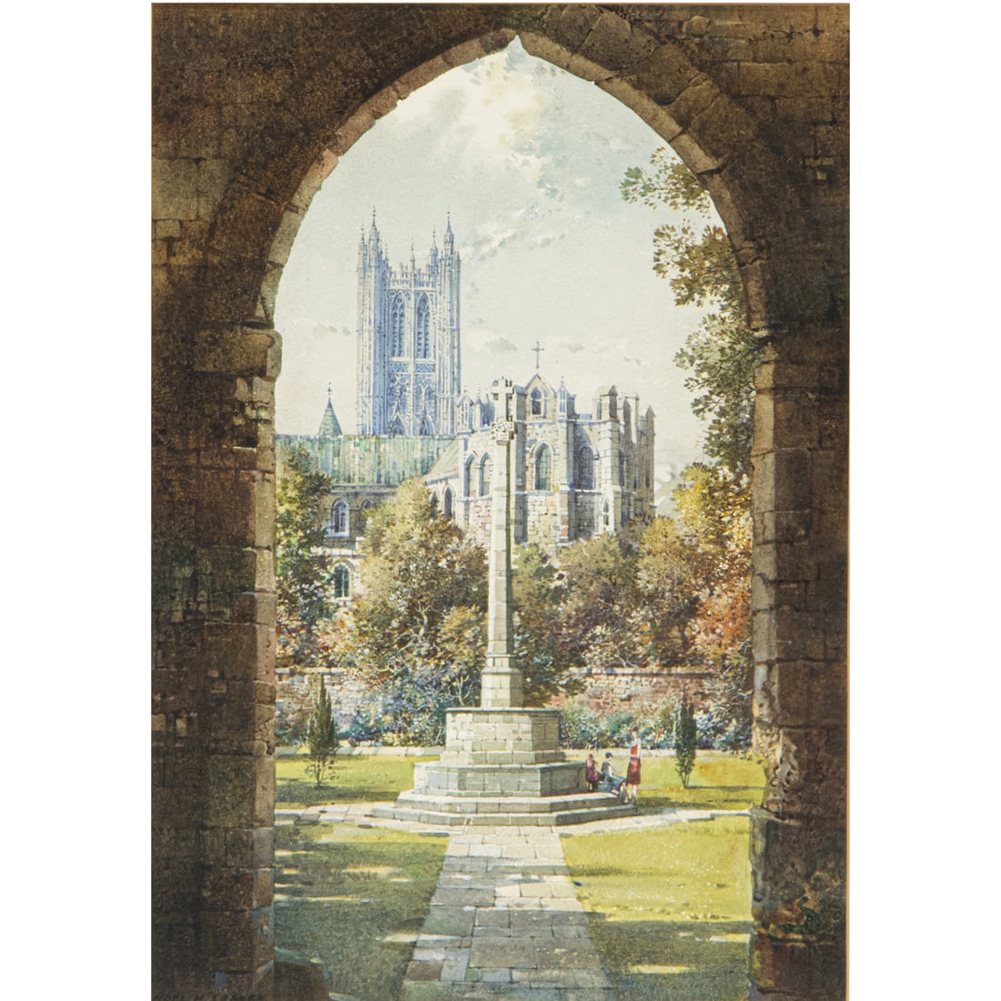 Watercolor, Noel Harry Leaver: Noel Harry Leaver (British, 1889-1951) Canterbury Cathedral and War Memorial, watercolor, signed lower left, sight: 14"h x 10"w, overall (with frame): 23.25"h x 18.75"w
