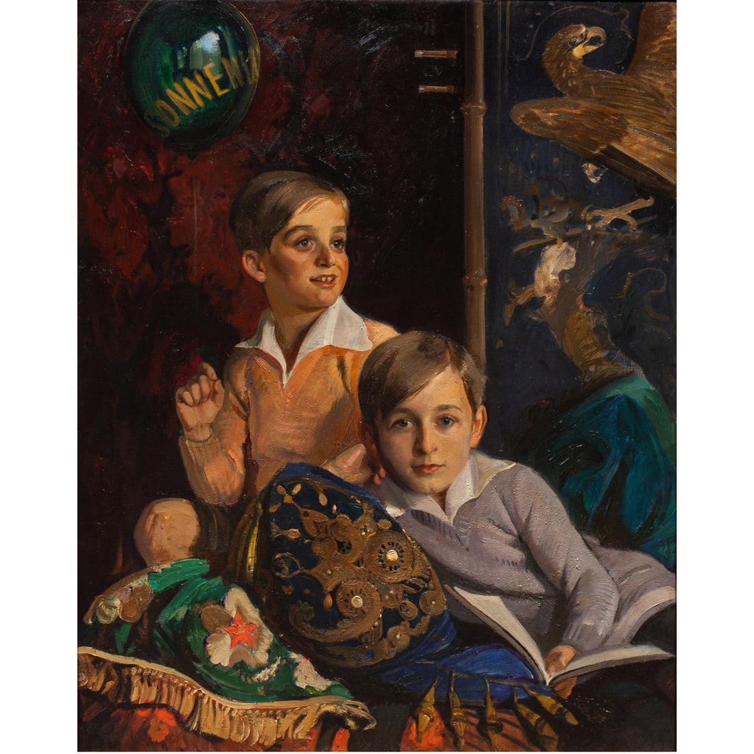 Painting, Ivan Miassoedoff (Myasoyedov): Ivan Miassoedoff (Myasoedov) (Ukrainian, 1881-1953), Portrait of Two Boys, oil on canvas, signed upper center, canvas: 41.5"h x 33.5"w, overall (with frame): 50"h x 41.5"w