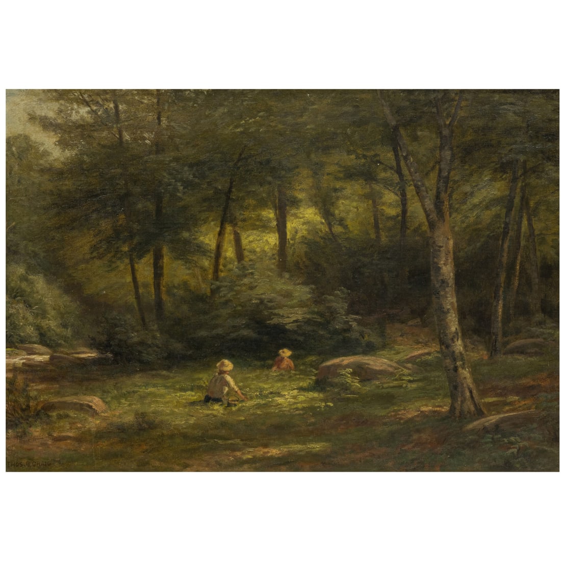 Painting, Thomas Bigelow Craig: Thomas Bigelow Craig (American, 1849-1924), Gatherers in the Clearing, oil on canvas, signed lower left, canvas: 16"h x 24"w, overall (with frame): 21"h x 27.5"w