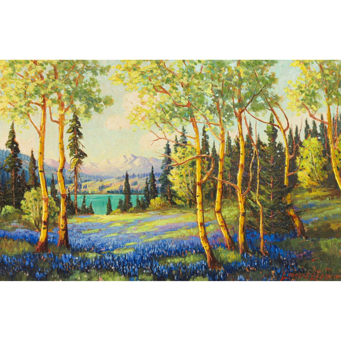 Painting, Harry Leonard Lopp: Harry Leonard Lopp (American, 1888-1974), "Lower St. Mary's Lake," oil on canvas, signed lower right and titled on stretcher bar, canvas: 20"h x 30"w, overall (with frame): 25"h x 35"w