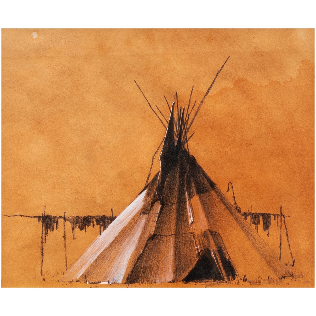 Work on paper, Attributed to Michael Coleman: Attributed to Michael Coleman (American, b. 1946), "Blockpost Tepee," charcoal, gouache, and watercolor on paper, unsigned, gallery label (Zantman Art Galleries, Carmel by the Sea, CA) affixed verso,