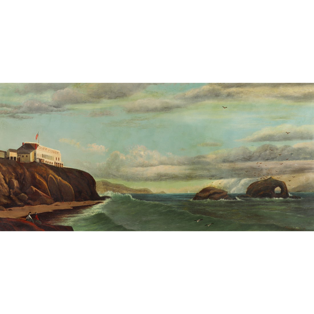 Painting, American School (20th century): American School (20th century), Cliff House, oil on canvas, signed "Minerva LS" lower right, canvas: 14"h x 28"w, overall (with frame): 16.25"h x 30.5"w