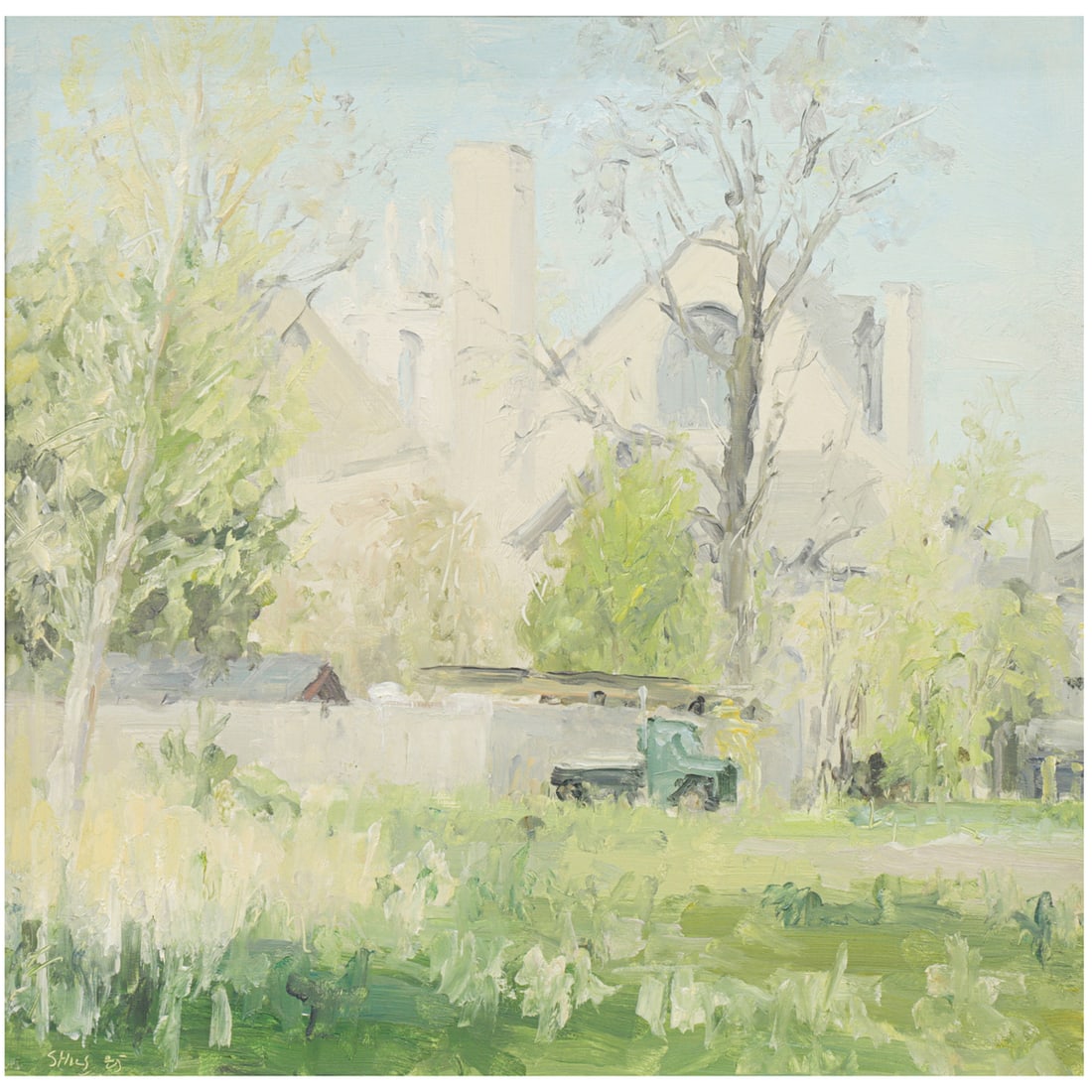 Painting, Stuart Shils: Stuart Shils (American, b. 1954), Untitled (Truck and Buildings), 1985, oil on board, signed lower left, sight: 13.4"h x 14"w, overall (with frame): 15.5"h x 16"w