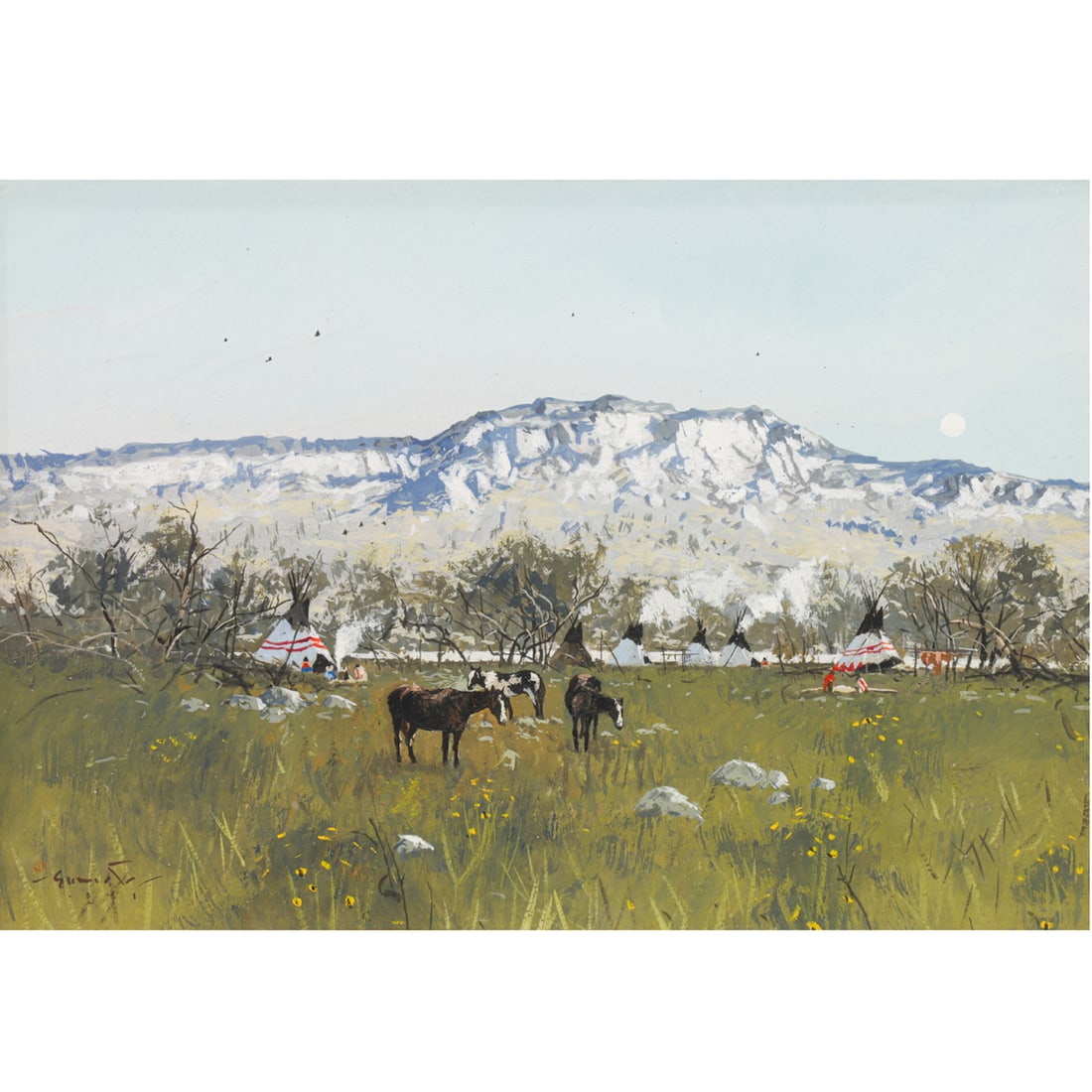 Work on paper, Gregory Sumida: Gregory Sumida (American/Japanese, b. 1948), "Moon Ridge Encampment," gouache, signed lower right, sight: 7"h x 10"w, overall (with frame): 16"h x 18.5"w