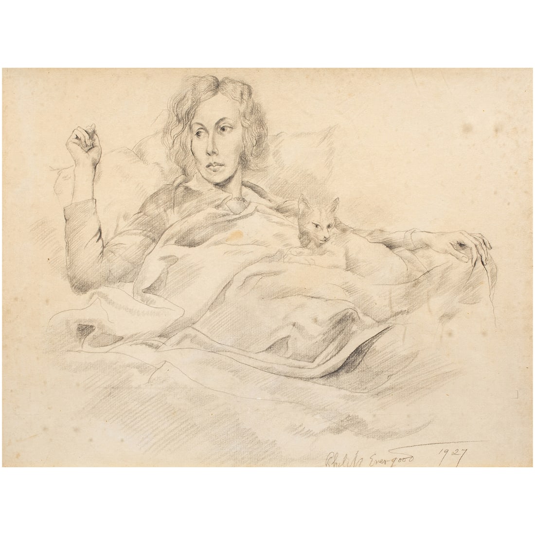 Work on paper, Philip Evergood: Philip Evergood (American, 1901-1973), Woman with a Cat, 1927, pencil on paper, signed and dated lower right, sight: 11.5"h x 15"w, overall (with frame): 21"h x 24.5"w
