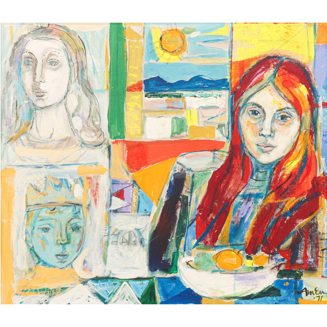 Painting, Irving Amen: Irving Amen (American, 1918-2011), Women and Fruit, 1971, oil on canvas, signed and dated lower right, canvas: 20"h x 24"w, overall (with frame): 27"h x 31.25"w