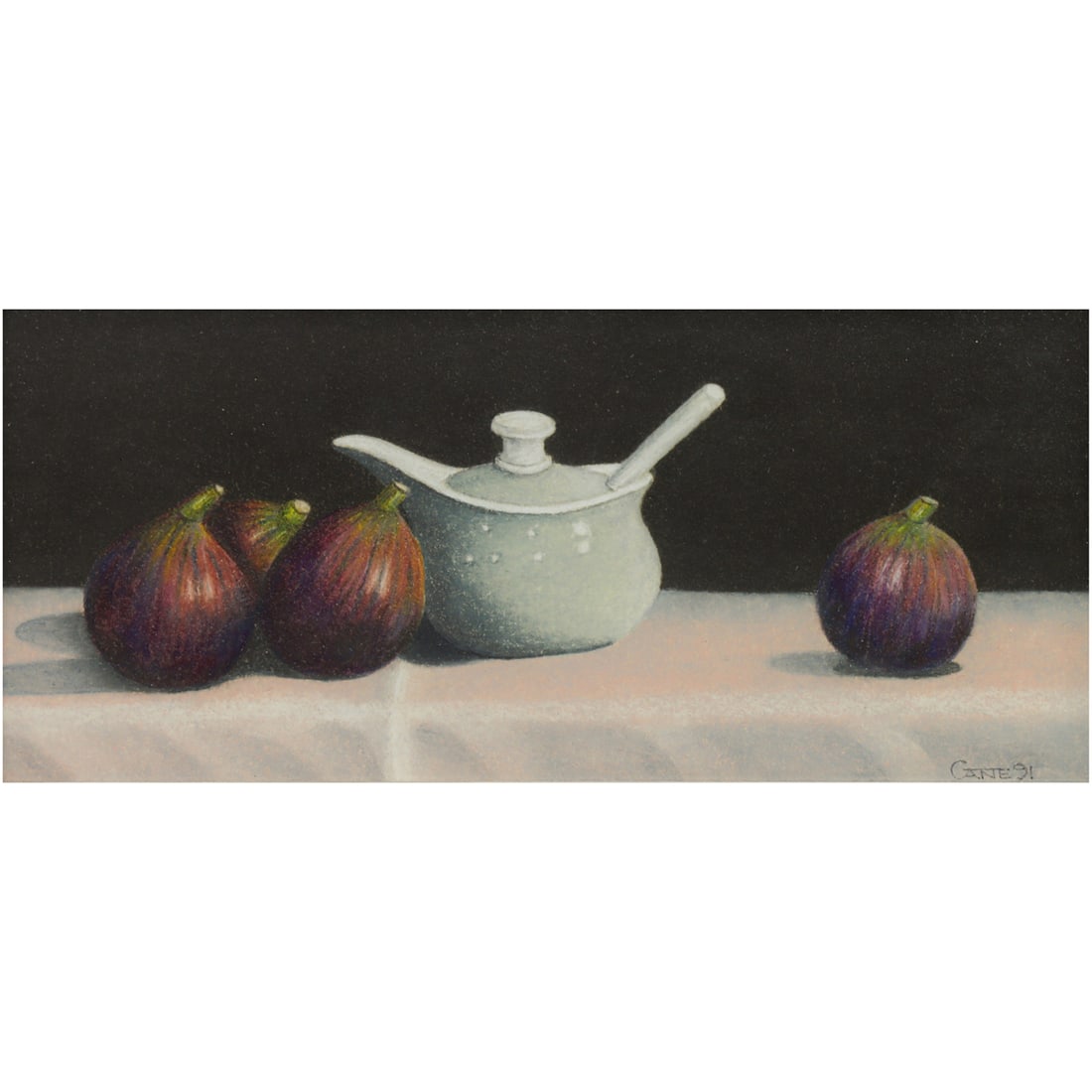 Watercolor, American School (20th century): American School (20th century), Still Life with Figs, 1991, watercolor, signed "Cane" and dated lower right, sight: 3.5"h x 7.5"w, overall (with frame): 7"h x 11.5"w