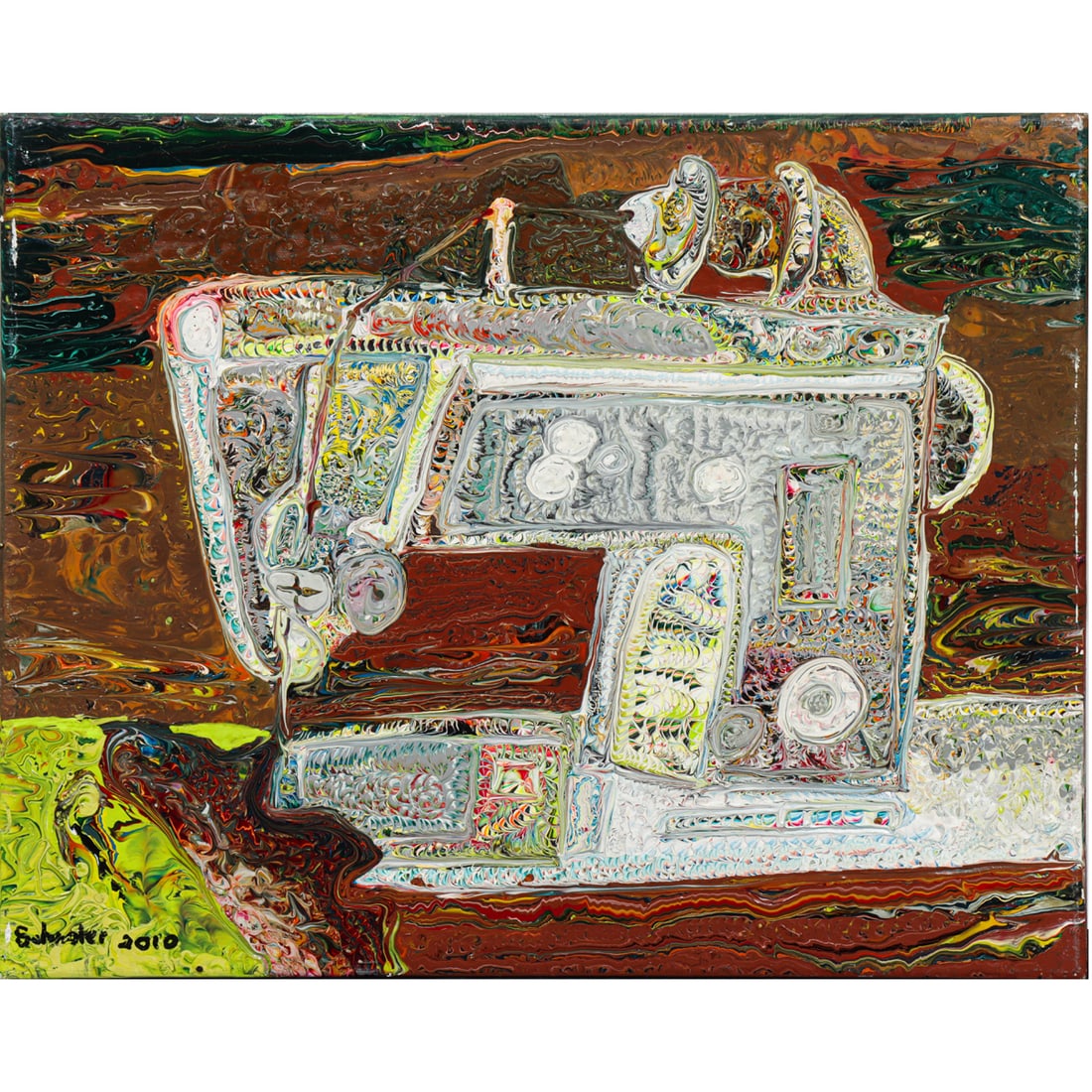 Painting, Jon Andrew Schooler: Jon Andrew Schooler (American, b. 1954), "Sewing Machine," 2010, oil on canvas, signed and dated lower left, signed, titled, and dated verso, canvas (unframed): 16"h x 20"w